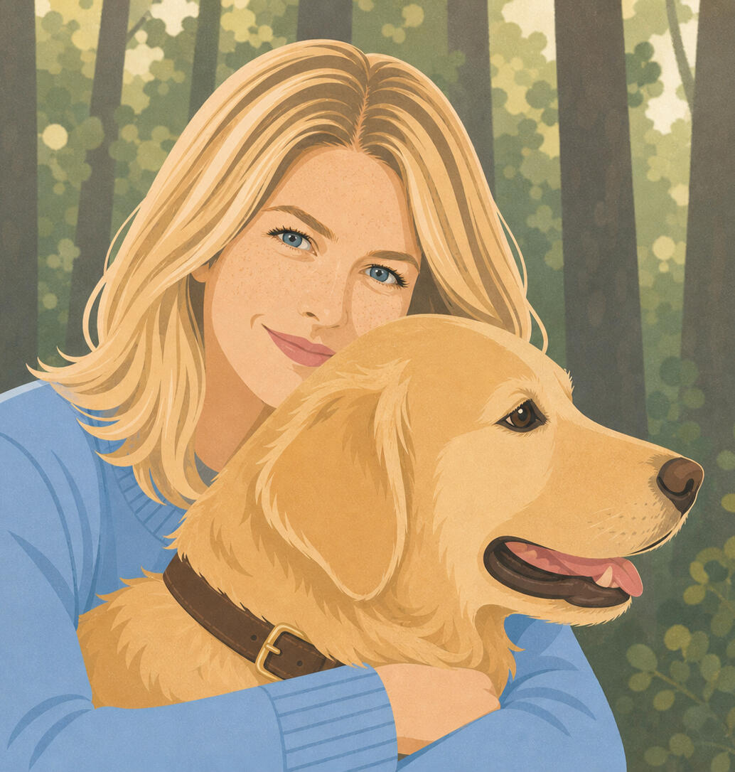 author Claire Winfield with golden retriever illustration